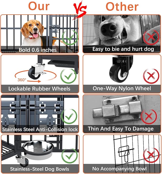 Dosker 42 inch Stackable Heavy Duty Metal Dog Crate for 4 Dogs/Large Dog,All Metal Open Top Access,Escape Proof Cage,Dog Kennel Indoor with Wheels,Floor Grid, Tray, Divider and Feeding Bowl