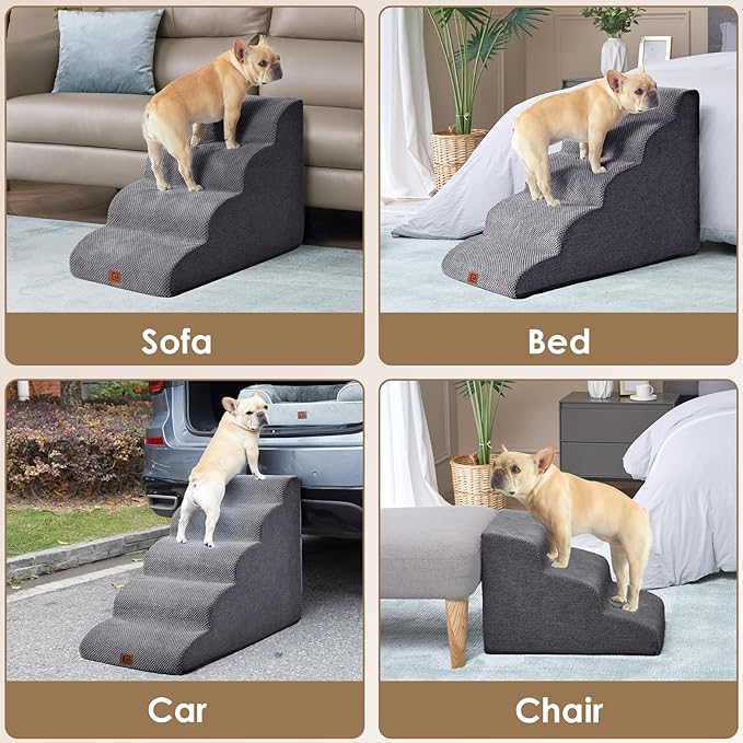 EHEYCIGA Curved Dog Stairs Ramp for Small Dogs 15.7" H, 3-Step Dog Steps for Couch Sofa and Chair, Pet Stairs for Cats, Non-Slip Balanced Pet Steps Indoor, Grey
