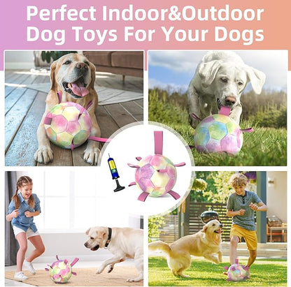QDAN Extra Large Dog Toys Soccer Ball - Durable Dog Balls for Extra Large Dogs, Beach Pool Dog Water Toy, Interactive Dog Toys for Tug of War, Puppy Birthday Gifts, Rainbow (9 Inch)