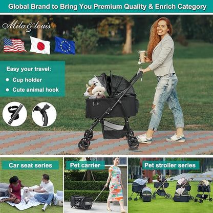 MILA&LOUIS Dog Stroller for Medium Dogs, Lightweigh Pet Stroller for Small Dogs, 4 Upgraded Wheels, Dog Strollers with Cup Holder, Hook, Puppy Stroller with Detachble Spacious Cradle for Multiple Pets