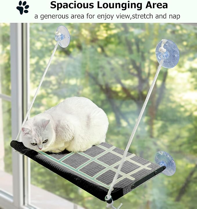 Cat Window Perch for Large Cats,Foldable Hammock with 4 Heavy Duty Suction Cups,Solid Metal Frame,Scratchable Felt Feline Bed for Sunbathing,Napping & Overlooking(Grey)