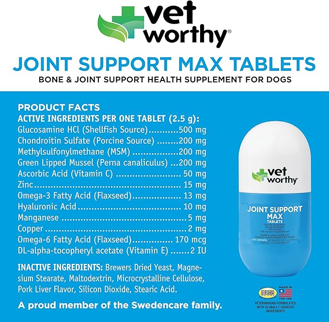 Vet Worthy Joint Support Max Tablets - Bone and Joint Supplement for Dogs - Rich in Glucosamine Chondroitin for Dogs & MSM - Formulated for Stiffness, Mobility, and Cartilage Protection – 90 Count