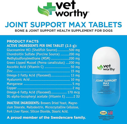 Vet Worthy Joint Support Max Tablets - Bone and Joint Supplement for Dogs - Rich in Glucosamine Chondroitin for Dogs & MSM - Formulated for Stiffness, Mobility, and Cartilage Protection – 90 Count