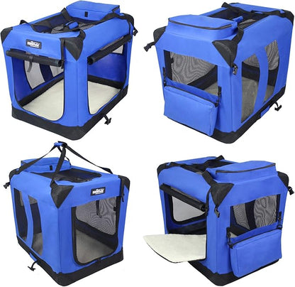 EliteField 3-Door Folding Soft Dog Crate with Carrying Bag and Fleece Bed (2 Year Warranty), Indoor & Outdoor Pet Home (30" L x 21" W x 24" H, Royal Blue)