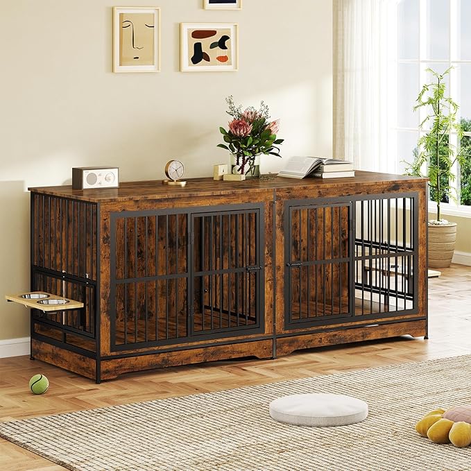 Rovibek 78 Double Dog Crate Furniture for 2 Large Dogs Indoor, Wooden Furniture Dog Crates with Dog Bowl, Dog Kennel Furniture TV Stand Large Breed Brown