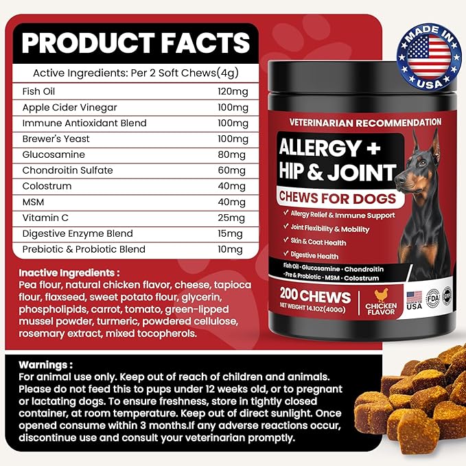 Dog Allergy Chews Hip and Joint Supplement for Dogs with Glucosamine Chondroitin for Anti Itch Skin Paw Pain Relief and Immune Pet Allergies Treats Chews for Itching and Licking Health Supplement Dogs