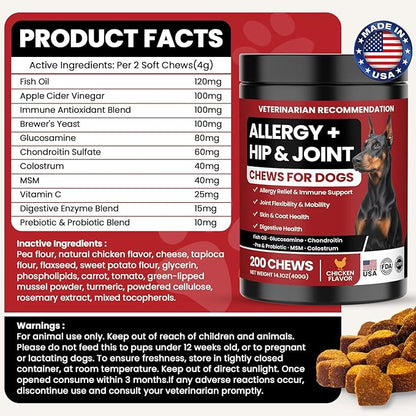 Dog Allergy Chews Hip and Joint Supplement for Dogs with Glucosamine Chondroitin for Anti Itch Skin Paw Pain Relief and Immune Pet Allergies Treats Chews for Itching and Licking Health Supplement Dogs