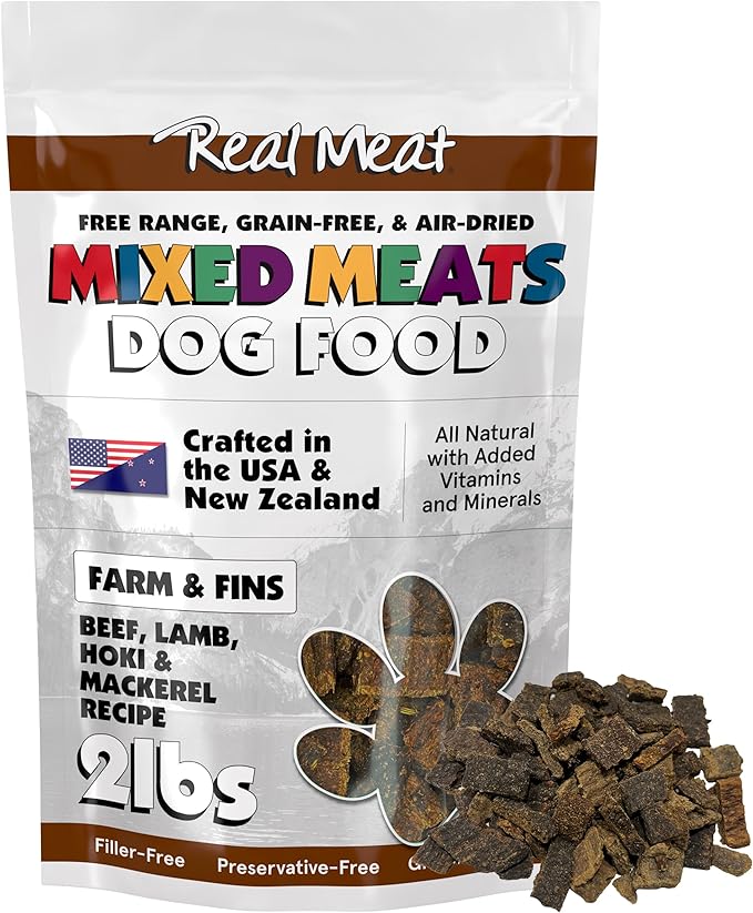 Mixed Meat Farm & Fins Air Dried Dog Food w/Real Beef, Lamb, Hoki, & Mackerel (Free from Poultry) - 2lbs of Grain-Free, High-Protein, Real Meat Dog Food for Dogs of Any Age & Size