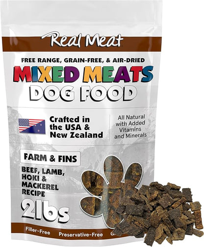 Mixed Meat Farm & Fins Air Dried Dog Food w/Real Beef, Lamb, Hoki, & Mackerel (Free from Poultry) - 2lbs of Grain-Free, High-Protein, Real Meat Dog Food for Dogs of Any Age & Size