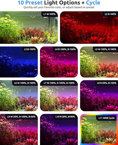 SEAOURA LED Aquarium Light for 12-18in Freshwater Tank, Full Spectrum Aquarium Light for Plant Growth, 6H/8H/12H Timer, WRB 3 Channel Customizable, 10 Brightness & 11 Colors, Adjustable Bracket - 12W