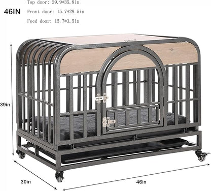 46in Dog Kennel Furniture, Heavy Duty Dog Crate with Removable Trays and Wheels, Metal Dog Crates for Large Dogs