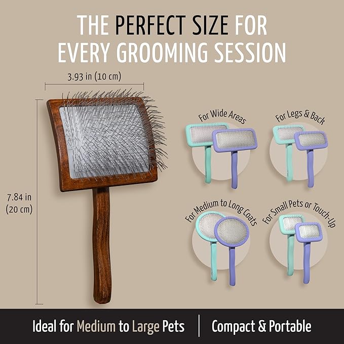 Tauro Pro Line Wooden Deshedding Dog Brush for Long Goldendoodle, Labradoodle & Poodle Hair - Brown Slicker Brush for Dog & Cat Grooming - Square Flexible Cushion & Non-Slip Grip, L