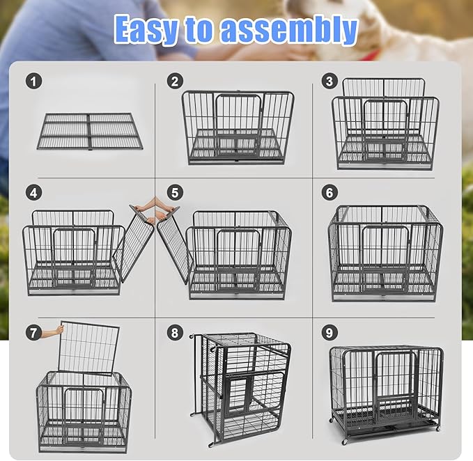 49/37/44 Inch Dog Crate, Heavy Duty Metal Dog Kennel, Indestructible, Escape Proof Dog Cage with Lockable Wheels, Indoor for Large Breed, Big Dog Cage with Removable Dog Crate Tray
