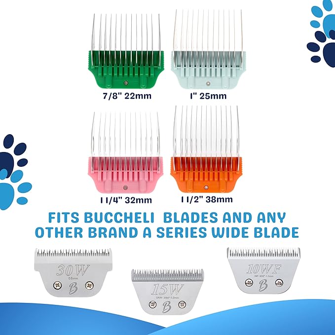 22mm 25mm 32mm 38mm Wide Clipper Guard Attachment Set for A5 Series Clippers| Stainless Steel Blade for Professional Dog Groomers| Snap-On/Off Design Wide Guard Combs for Dog Grooming