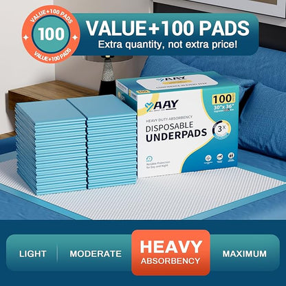 AAY Bed Pads Disposable 30" x 36" (100 Count), Extra Large Super Absorbency Disposable Underpads for Incontinence, XXL Premium Leakproof Protective Chucks Pee Pads for Adult, Kids, Puppy Training