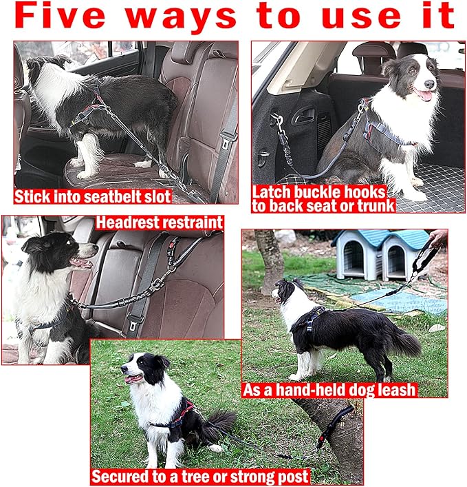 Dog Seat Belt,5-in-1 Multi-Functional Headrest Dog Seat Belt,Dog Car Seatbelt Headrest Restraint Adjustable,Elastic Bungee Dog Vehicle Seatbelt Harness,Pet Dog Seat Belt with Clip Hook & Buckle