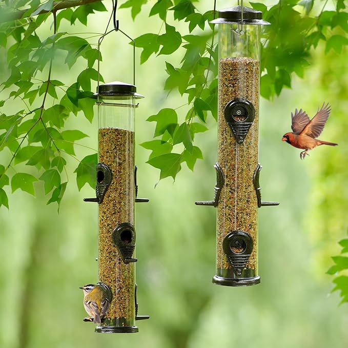 MIXXIDEA 2PK Metal Bird Feeders with 6 Feeding Ports,Tube Bird Feeder with Steel Hanger,Hard Plastic Wild Bird Feeder for Outdoors Hanging, Attracting Birds in Your Lawn, Garden, Balcony (Coffee)