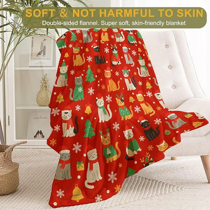 Cat Christmas Decorative Throw Blanket, Cute Kitten Print Decoration, Soft Flannel Winter Blankets for Couch Bed Sofa, Holiday Home Decor, Xmas Festival Gifts for Kids Adults 40x50 Inch