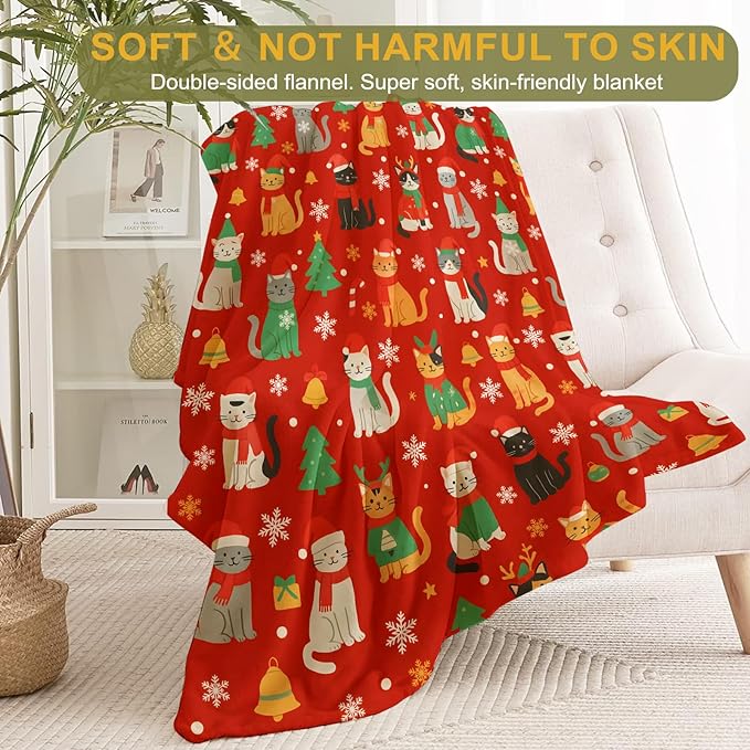 Cat Christmas Decorative Throw Blanket, Cute Kitten Print Decoration, Soft Flannel Winter Blankets for Couch Bed Sofa, Holiday Home Decor, Xmas Festival Gifts for Kids Adults 50x60 Inch
