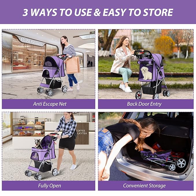 4 Wheels Pet Stroller for Small Medium Dogs Cats 33 lbs, Breathable Foldable Jogger Stroller with Storage Basket, Travel Puppy Stroller for All-Season, Move Pad & Protective Lock, Purple