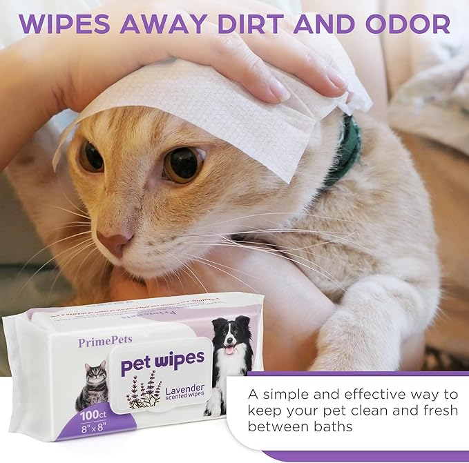 PrimePets Dog Wipes for Paws and Butt, 100 Count, 8" x 8" Pet Wipes for Dogs Cats Cleaning Deodorizing, Lavender Scented, Extra Thick Puppy Wipes for Sensitive Skin, Grooming for Bums, Face and Body