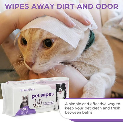 PrimePets Dog Wipes for Paws and Butt, 100 Count, 8" x 8" Pet Wipes for Dogs Cats Cleaning Deodorizing, Lavender Scented, Extra Thick Puppy Wipes for Sensitive Skin, Grooming for Bums, Face and Body