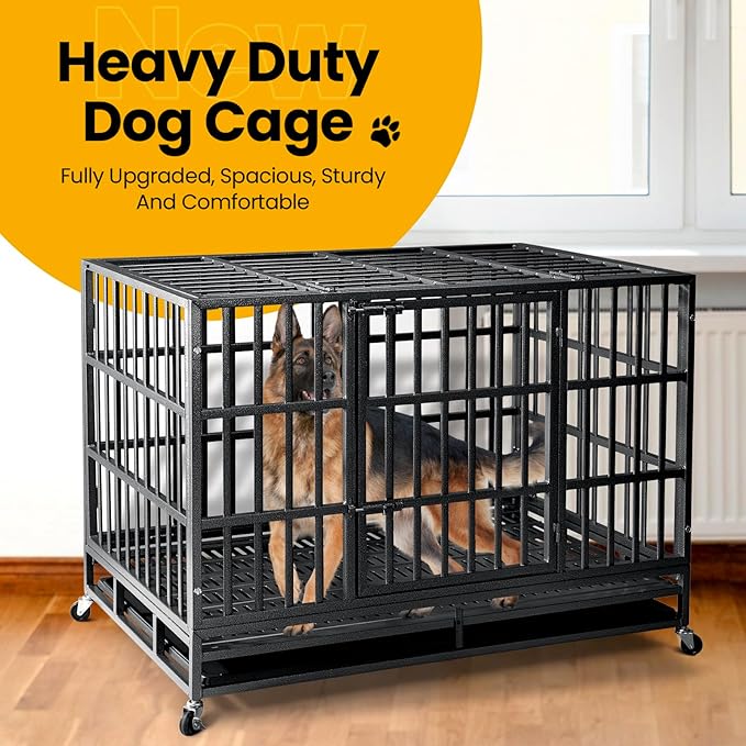 48 inch Heavy Duty Indestructible Dog Crate,2025 New Upgraded Reinforced Baseplate for Large Dogs,XL Dog Crate for High Anxiety Dogs/Max Load Capacity 220lbs/Double Door with Wheels
