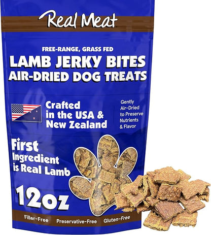 Real Meat Dog Treats - 12oz Bag of Bite-Sized Air-Dried Lamb Jerky for Dogs - Grain-Free Jerky Dog Treats Made up of 95% Human-Grade, Free-Range, Grass Fed Lamb - All-Natural High Protein Dog Treats