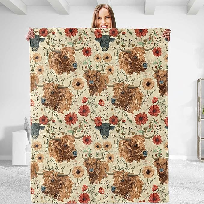 Aesthetic High Land Cow Throw Blanket - Soft Plush, Lightweight, Warm, Fuzzy Anti-Pilling Flannel Blanket for Bedroom, Couch, Travel, Sofa - Comfy 80in_60in