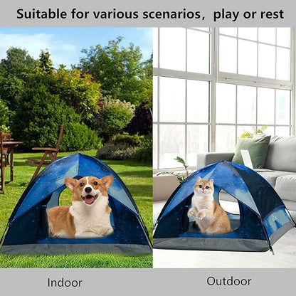 Outdoor Waterproof Pet Camping Tent, Cave Bed for Indoor Cats and Small Dogs, Portable Cat House Dog House, 29.5x29.5x18.9'', Navy Blue, M.