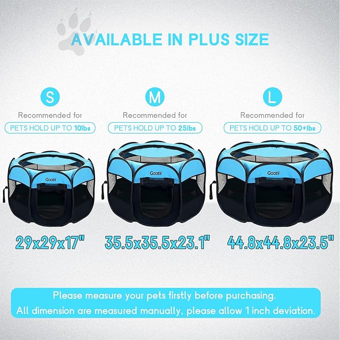 Dog Playpen Portable Collapsible, Indoor Outdoor Pet Puppy Exercise Playpens Case with Zipper Door Top Cover Floor for Large Cat Rabbit Travel Camping (Small Size, Black/Blue)