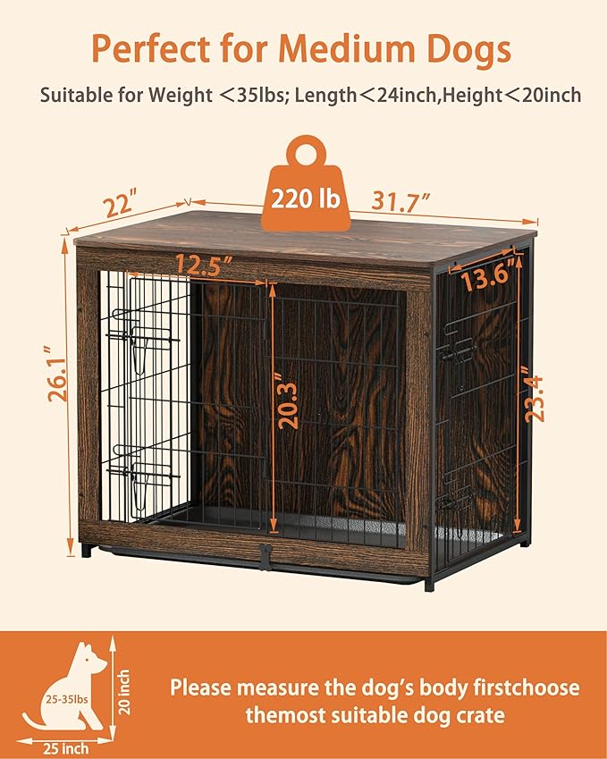 Megidok Wooden Dog Crate Furniture with Cushion, Dog Crate End Table with Tray, Double Doors Dog Crate(M:32"L*22" W*26"H, Rustic Style)
