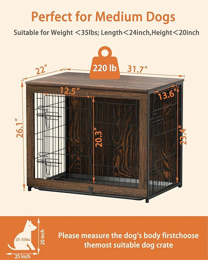 Megidok Wooden Dog Crate Furniture with Cushion, Dog Crate End Table with Tray, Double Doors Dog Crate(M:32"L*22" W*26"H, Rustic Style)