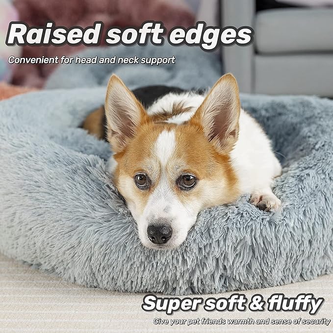 Anti Anxiety Round Fluffy Plush Faux Fur Warm Washable Dog Bed & Cat Bed, Original Bed for Small Medium Large Pets,Used to Relieve Joints and Improve Sleepï¼20"/24"/27''ï¼ (20", Light Grey)
