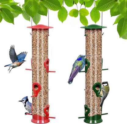 2 Packs Bird Feeder Tube Hanging Feeders, 6 Port Wild Bird Feeders Premium Hard Plastic with Steel Hanger Weatherproof and Water Resistant Great for Attracting Birds 18.2 Inches Large (Red + Green)