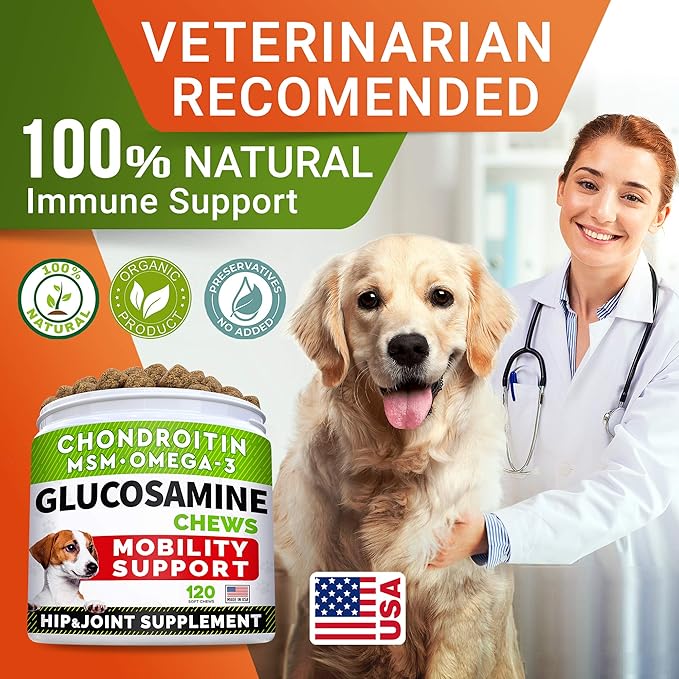 Glucosamine for Large Dogs - Joint Supplement Large Breed w/ Omega-3 Fish Oil - Chondroitin, MSM - Advanced Mobility Chews - Joint Pain Relief - Hip & Joint Care - Chicken Flavor - 240Ct - Made in USA