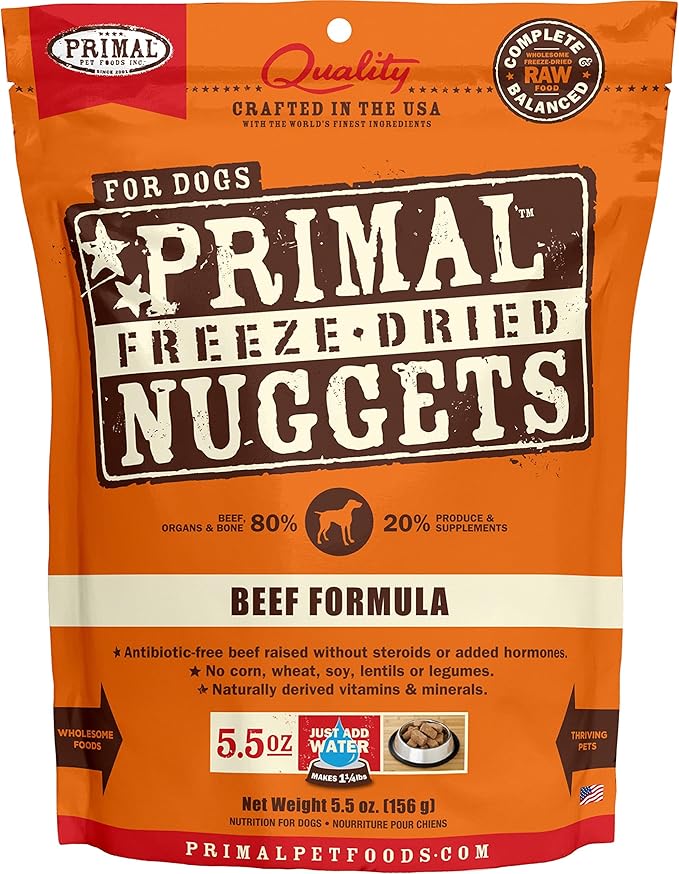 Primal Freeze Dried Raw Dog Food Nuggets, Beef, Complete & Balanced Meal, Also Use as Topper or Treat, Premium, Healthy, Grain Free, High Protein Raw Dog Food, 5.5 oz