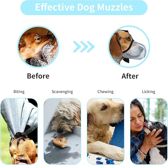 Dog Muzzle, Breathable Soft Muzzle for Small to Medium Dogs to Anti & Prevent Barking Biting Chewing, Reflective & Adjustable Basket Muzzle with Air Mesh for Schnauzer Blue M