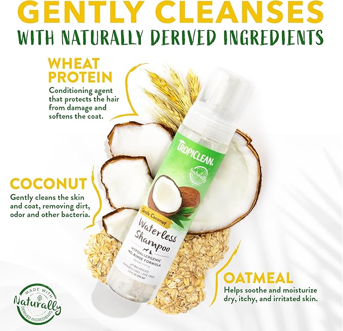 TropiClean Hypoallergenic Waterless Dog Shampoo | Dry Shampoo for Allergies & Sensitive Skin | Safe for Cats | Puppies & Kittens | No Rinse | 7.4oz