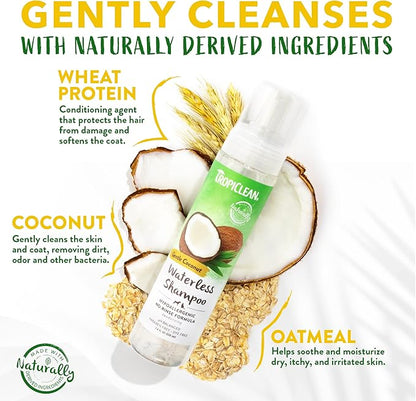 TropiClean Hypoallergenic Waterless Dog Shampoo | Dry Shampoo for Allergies & Sensitive Skin | Safe for Cats | Puppies & Kittens | No Rinse | 7.4oz