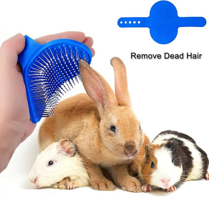 4 Pieces Bunny Grooming Kit: Brush, Hair Remover, Nail Clipper, Shampoo Brush with Adjustable Ring Handle for Rabbits, Hamsters (Blue)