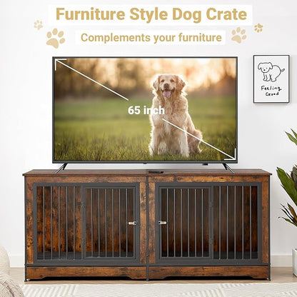 Rovibek 75" Double Dog Crate Furniture for 2 Large Dogs, Heavy Duty Furniture Style Dog Kennel End Table, Wood Crates for Dogs Kennel Indoor Double Door, Brown
