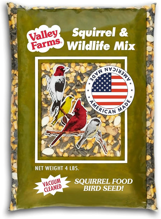 Valley Farms Squirrel & Wildlife Mix (4 LB) Wildlife Food and Wild Bird Food, Bird Seed for Squirrel Chipmunks & Deer, Peanuts, Black Oil Sunflower & Corn