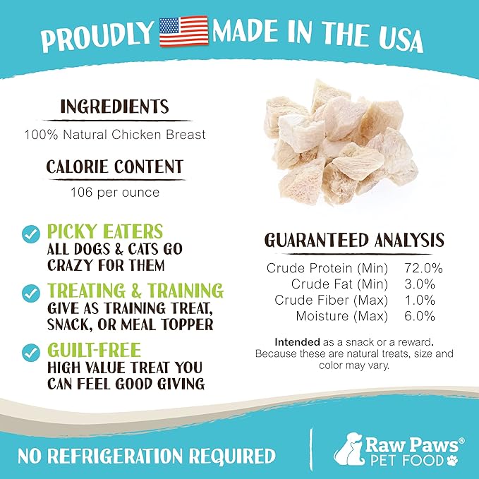 Raw Paws Freeze Dried Chicken Breast Treats, 4-oz, Made in USA - Natural Chicken Dog & Cat Treats
