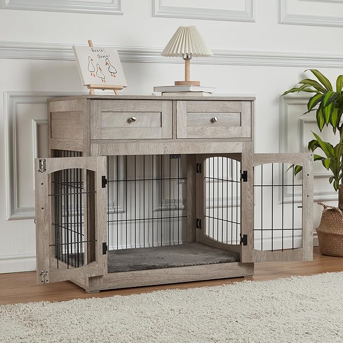 Dog Crate Furniture with Double Drawers, Wooden End Table Dog Kennel, Furniture Style Wood House Crate for Small/Medium/Large Dogs, Decorative Dog Crate with Storage for Large Breed, 32 Inch,Gray