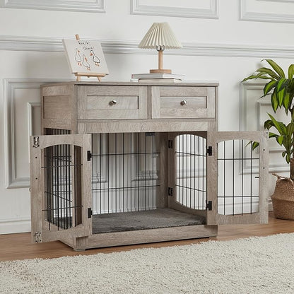Dog Crate Furniture with Double Drawers, Wooden End Table Dog Kennel, Furniture Style Wood House Crate for Small/Medium/Large Dogs, Decorative Dog Crate with Storage for Large Breed, 32 Inch,Gray