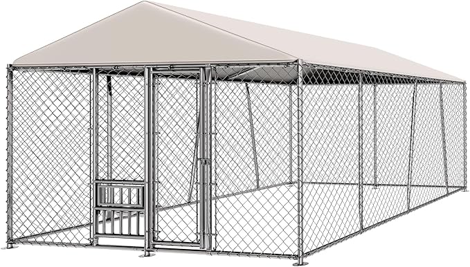10 x 15FT Large Outdoor Dog Kennel with Bowls, Dog Kennel Outside with Waterproof Cover Roof, Galvanized Heavy Duty Chain Link Dog Runs Cage Playpen for Outside with Secure Lock