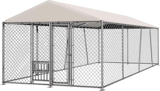 10 x 15FT Large Outdoor Dog Kennel with Bowls, Dog Kennel Outside with Waterproof Cover Roof, Galvanized Heavy Duty Chain Link Dog Runs Cage Playpen for Outside with Secure Lock