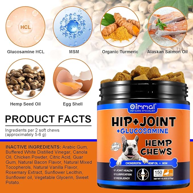 Glucosamine for Dogs - Hip & Joint Supplement (150 Tablets, 13.2 oz) - Chews with Chondroitin, MSM & Hemp Oil for Arthritis Relief & Enhanced Mobility for All Breeds