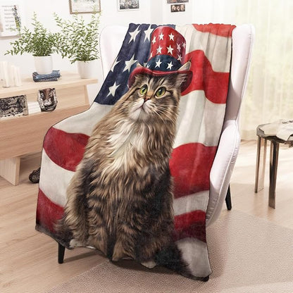 Patriotic Cat Blanket, Cozy Flannel Tabby Kitten & American Flag Throw Blanket for Couch Outdoor, Plush Soft Lightweight Travel Blankets for Bed Decor and Gifts, for Women Kids Adults 60"x80"
